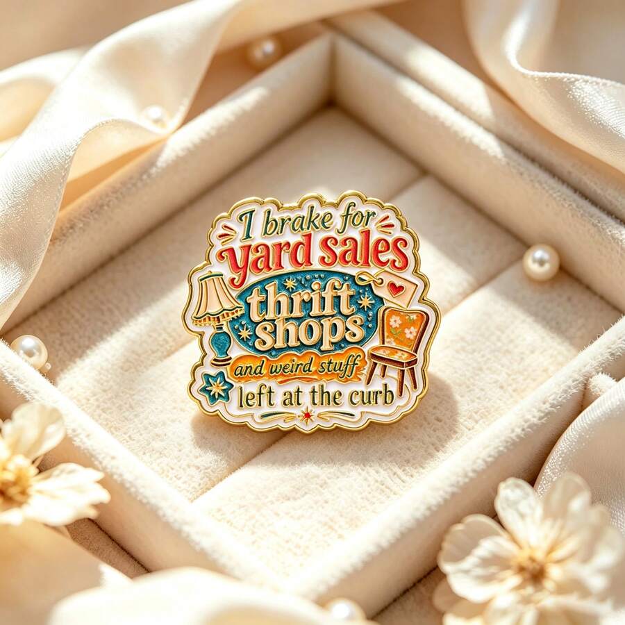 Funny Thrifter Quote Enamel Lapel Pin, "I Brake For Yard " Brooch, Retro Metal Badge Pin For Clothing Backpack Hat, Lovely Gift For Man Women