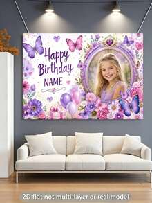 1pc Customizable Photo & Name Butterfly Theme Happy Birthday Backdrop, Pink & Purple Gradient Butterfly Floral Heart Gem Sequin Balloon Gift Box Decor Design, Suitable For Theme Birthday Party Cake Smash Background Photography Prop Vinyl - Light Purple - View 4