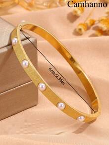 Camhanno 3/1pc Stainless Steel Plated 18K Gold Bracelet Set With Sand Faced Pearl For Women's Style, Handmade Set - Gold - View 7