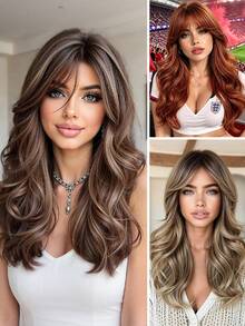 18 Inch Long Wavy Wig, Brown And Gold Highlights, Breathable Mesh Cap, Heat-Resistant Synthetic Fiber Wig, Suitable For Daily Commute, Halloween And Christmas Parties - Multicolor - View 3
