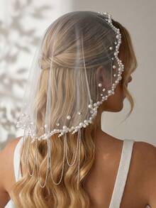 Elegant Pearl Rhinestone Bridal Veil Short Soft Tulle Wedding Veil Tassel Edge Bride Headpiece Accessories - Off White - View 4