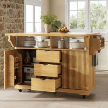 Flieks Foldable Serving Trolley, 95 Cm Kitchen Trolley With Ergonomic Height, Mobile Rolling Trolley For Kitchen, Balcony & Camping - Natural - View 3