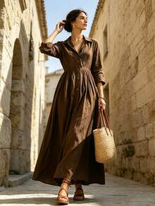 Fashion Solid Color Elegant Design Button Front Detail Shirt Collar Long Sleeve Dress - Brown - View 4