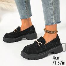 Women's Leopard Print Round Toe Thick Sole Pearl Metal Buckle Loafers, Spring/Autumn Retro Platform Height-Increasing Student Commuter British Style Shoes - Black - View 8