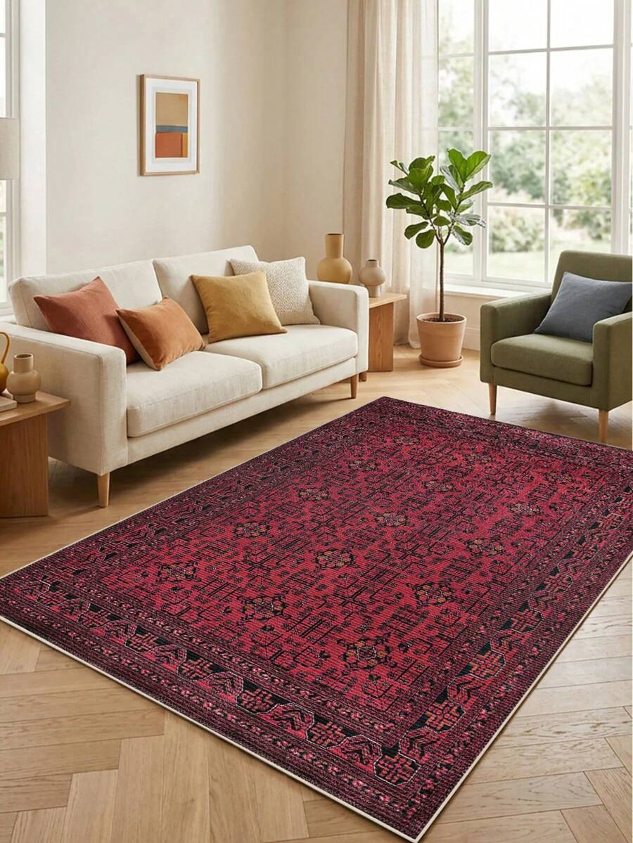 Digitally Printed Non-Slip Washable Runner And Area Rug Suitable For Living Room, Outdoor, Bedroom, Kitchen Carpet, Modern Design | Modern, Scandinavian, Bohemian And Classic Styles | 100% Polyester - Red - View 1