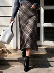 EARO Women's Plaid Long Pencil Skirt, Fashionable And Elegant, Versatile For Daily Wear - Brown - View 6