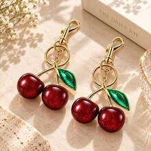 2pcs Women's Alloy Cherry Fashion Keychain, Glitter Cherry Imitation Fruit Pendant, Exquisite Bag Charm - Burgundy - View 4