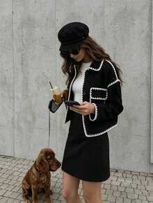 Women's Colorblock Ruffle Trim Short Jacket, Lapel Collar Button Front Long Sleeve Casual Short Coat With Pockets - Black - View 3