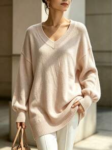Plus Size Loose V-Neck Knit Dress, Women's, Batwing Sleeves, Asymmetrical Ribbed Hem, Suitable For Autumn/Winter - Apricot - View 4