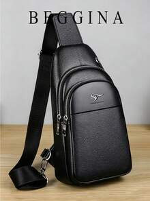 Chest Bag, Black Litchi Grain PU Fabric, Kangaroo Metal Logo Decoration, Multi-Layer Zipper Compartment Design, Paired With Wide Adjustable Shoulder Strap. The Bag Body Is Structured And Shaped, With Partitioned Storage For Phone, Keys, Cards And Other Personal Items, Equipped With Headphone Hole, Suitable For Casual Commuting And Outdoor Travel. - Black - View 1