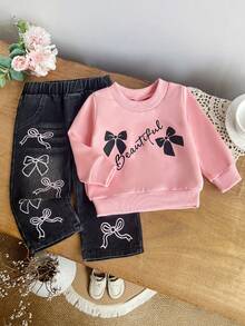 Baby Girl Sweet Girl Style 2-Piece Set: Letter Print 3D Black Bow Light Pink Crew Neck Sweatshirt + Multiple Pink Bow Embroidery Black & Gray Washed Straight Leg Denim Pants - Pink - View 2