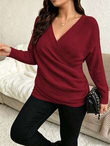 Plus Size Solid Color Casual Fashion V-Neck Long Sleeve Cross Knit Sweater - Red - View 4