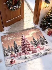 1pc Pink Christmas Tree Plush Door Mat, Small Rug, Welcome Mat, Carpet, Floor Mat, Outdoor Door Mat, Kitchen Rug, Home Decor, Front Door Mat, Area Rug, Outdoor Mat, Home Decor, Area Carpet, Garden Rug - Multicolor - View 1