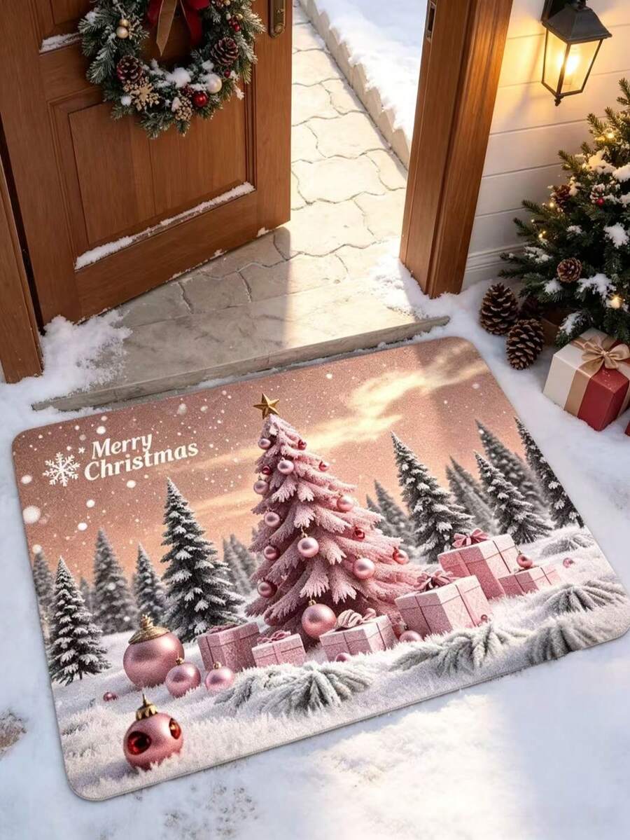 1pc Pink Christmas Tree Plush Door Mat, Small Rug, Welcome Mat, Carpet, Floor Mat, Outdoor Door Mat, Kitchen Rug, Home Decor, Front Door Mat, Area Rug, Outdoor Mat, Home Decor, Area Carpet, Garden Rug - Multicolor - View 1