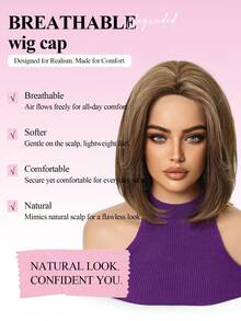 12 Inch Light Brown Highlighted Synthetic Full Wig, Inverted Bob Style, Textured Side Part Face-Framing, Ready To Wear, Realistic Hairline, Premium Fiber, Matte Texture, Tangle-Resistant, Beginner-Friendly, Breathable, Suitable For Daily Wear, Nightclub Parties, Halloween Costume, Holiday Gift - Brown Highlight - View 4