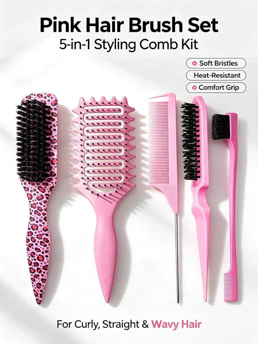 5PCS Children's Hollow Bouncing Massage Combs, Long Handle Cleaning Brushes, Leopard Print Combs. Essential Items For School, Travel And Vacation.