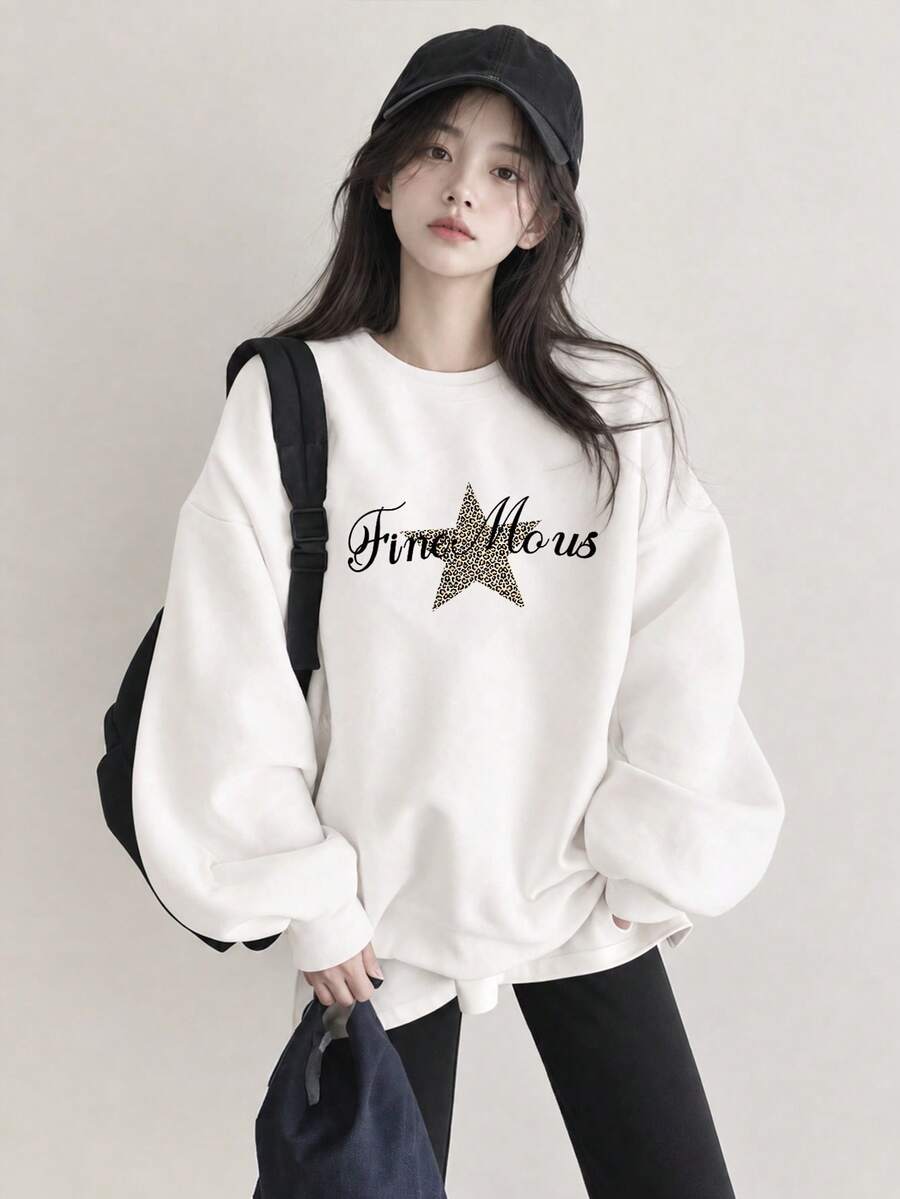 Sweatshirt Wanita Model Longgar Kasual Serbaguna untuk Musim Gugur/Dingin, Kerah Huruf, Motif Leopard, dan Bintang, Leher Bulat - Putih - View 1