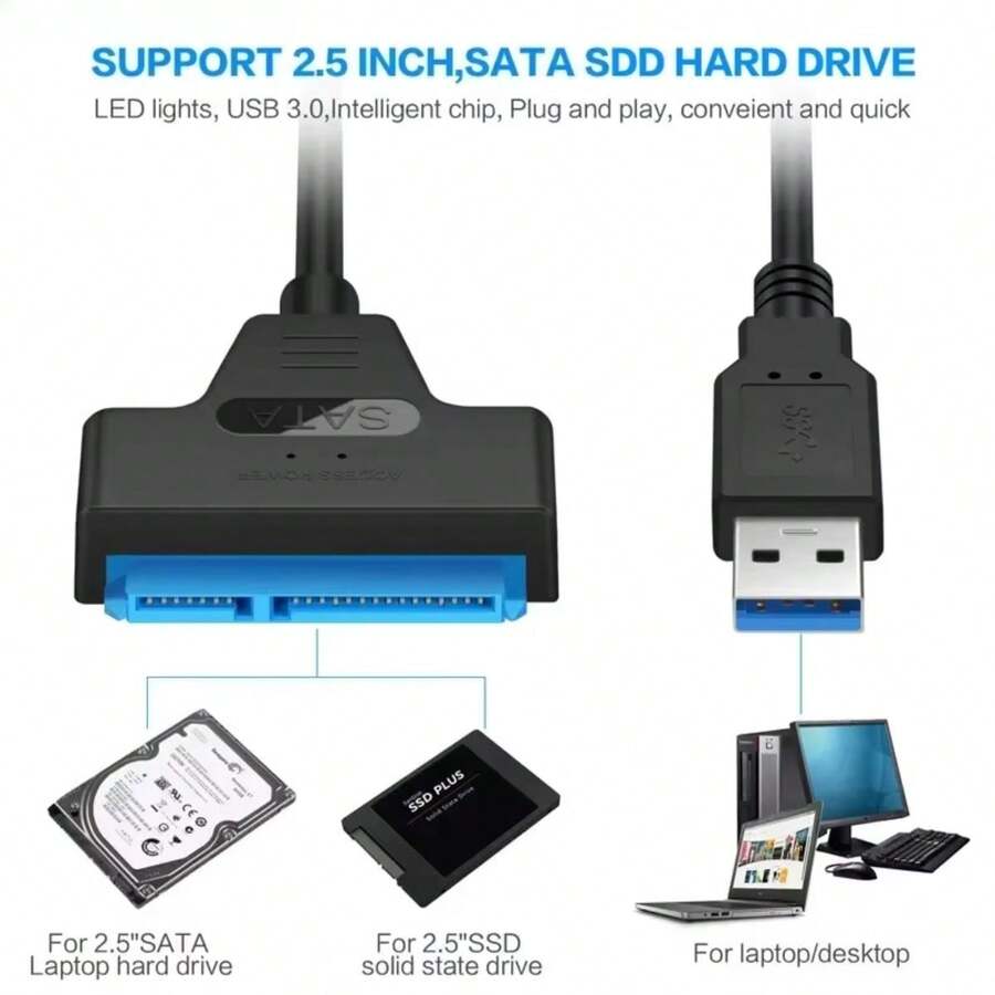 SATA To USB 3.0 / 2.0 Cable For 2.5 Inch External HDD SSD Hard Drive SATA 3 22 Pin Adapter USB 3.0 To Sata III Cord Up To 6 Gbp - View 1