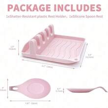 2件組可愛粉色矽膠湯匙架與廚房用具收納架套組，耐熱防滑滴水墊，附4格槽可放置夾子、湯勺及其他烹飪工具，防滴檯面收納架，精美粉色廚房裝飾配件，公寓必備 - 粉色 - 查看 3