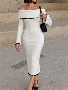 Knitwear Dress; Fish Tail Style Bodycon With Color Block Details And Off Shoulder Design - White - View 10