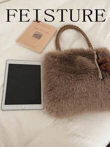 FEISTURE 1pc, New Autumn/Winter Plush Handbag, Fuzzy Tote Shoulder Bag With Pendant, Suitable For Girls, Women, College Students, New Professionals And Office Workers, Perfect For Work, Business, Commuting, School - Coffee - View 8