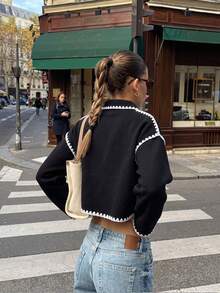 Women's Colorblock Ruffle Trim Short Jacket, Lapel Collar Button Front Long Sleeve Casual Short Coat With Pockets - Black - View 9