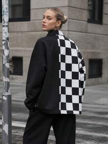 Women's Spring/Autumn Black & White Plaid Stand Collar Zip-Up Jacket, Asymmetric Patchwork Loose Casual Outerwear With Adjustable Drawstring Hem - Black - View 3