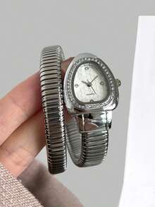 Women's Snake-Shaped Water Drop Quartz Watch, Rhinestone Bezel Elastic Band Wristwatch, Unique Bracelet Watch, Birthday Christmas Gift For Her - Silver - View 1