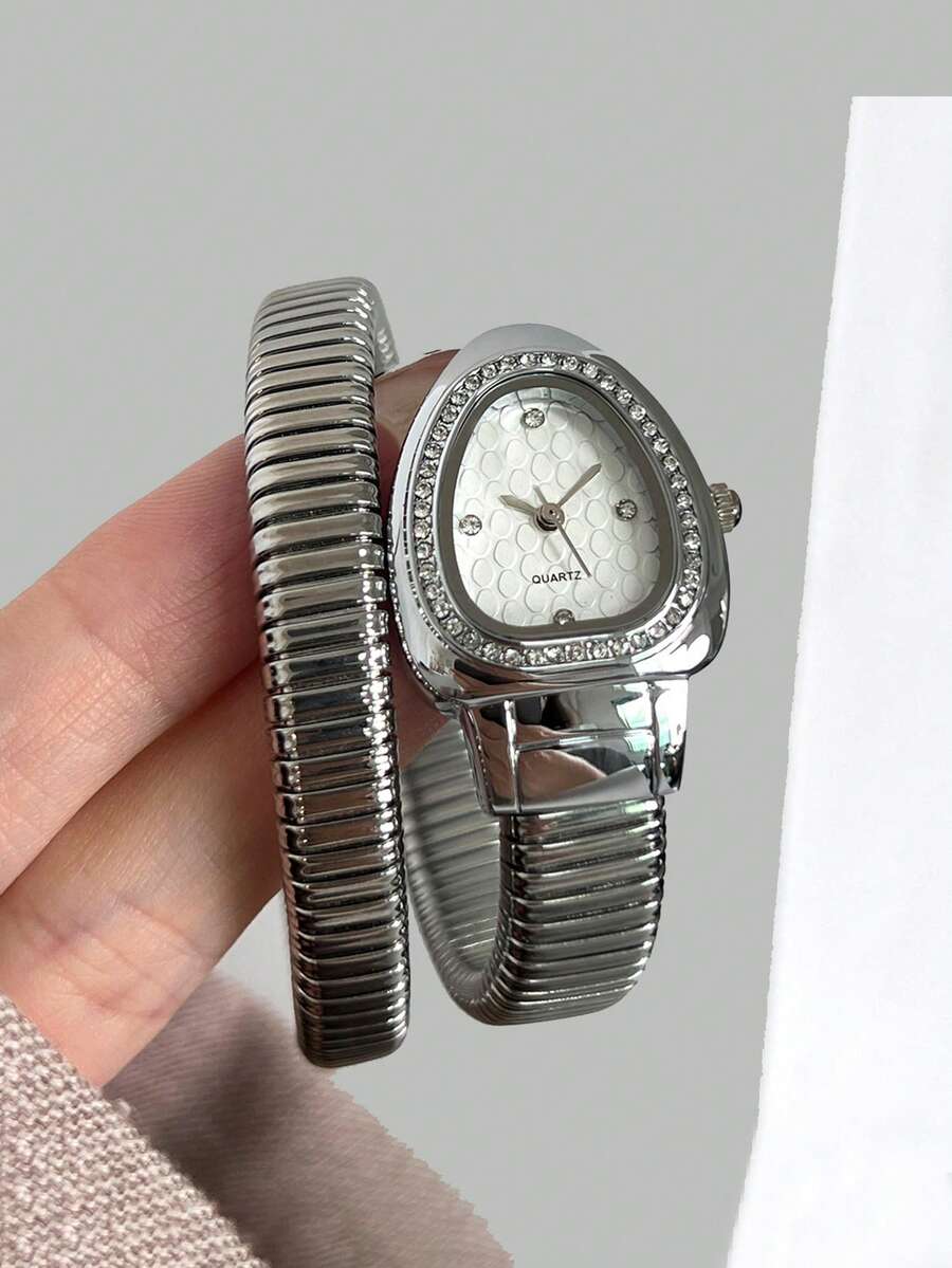Women's Snake-Shaped Water Drop Quartz Watch, Rhinestone Bezel Elastic Band Wristwatch, Unique Bracelet Watch, Birthday Christmas Gift For Her - Silver - View 1