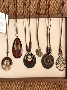 6pcs Bohemian Style Wooden And Copper Pendant Leather Cord Necklace, Lightweight Vintage Versatile Wearable Accessory - 6Pcs Long Necklace - View 6