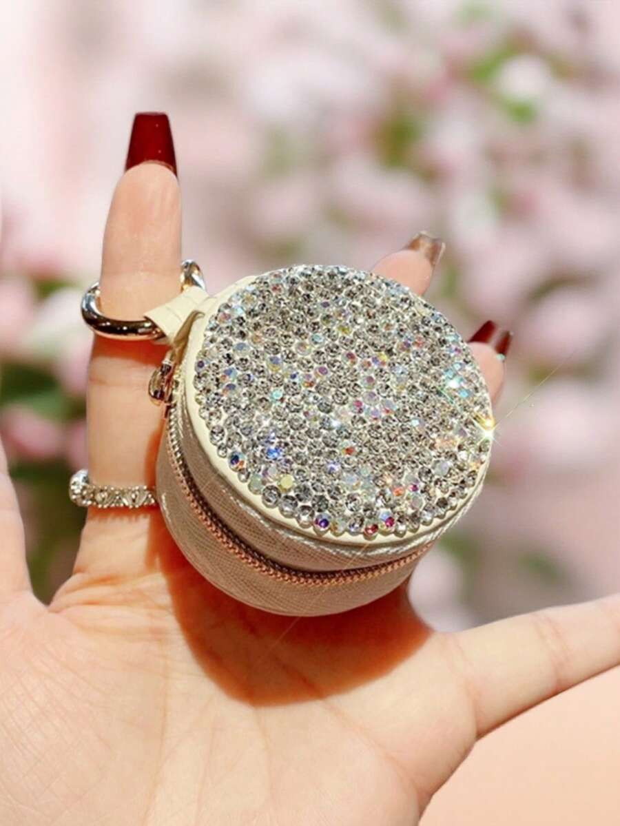 1pc Highly Attractive Shiny Artificial Rhinestone Makeup Storage Box, False Eyelashes, Earrings, Rings, Bracelets Organizer Bag, Travel Portable Keychain Coin Purse, Gift