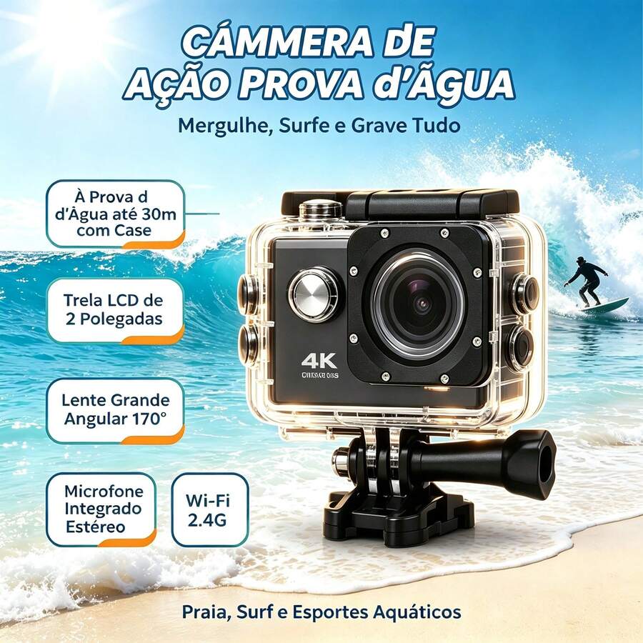 Câmera esportiva 4K Ultra HD com gravação em 30fps e conexão Wi-Fi, câmera digital à prova d'água até 30 metros com tela LCD, ideal para mergulho, viagens e esportes radicais ao ar livre