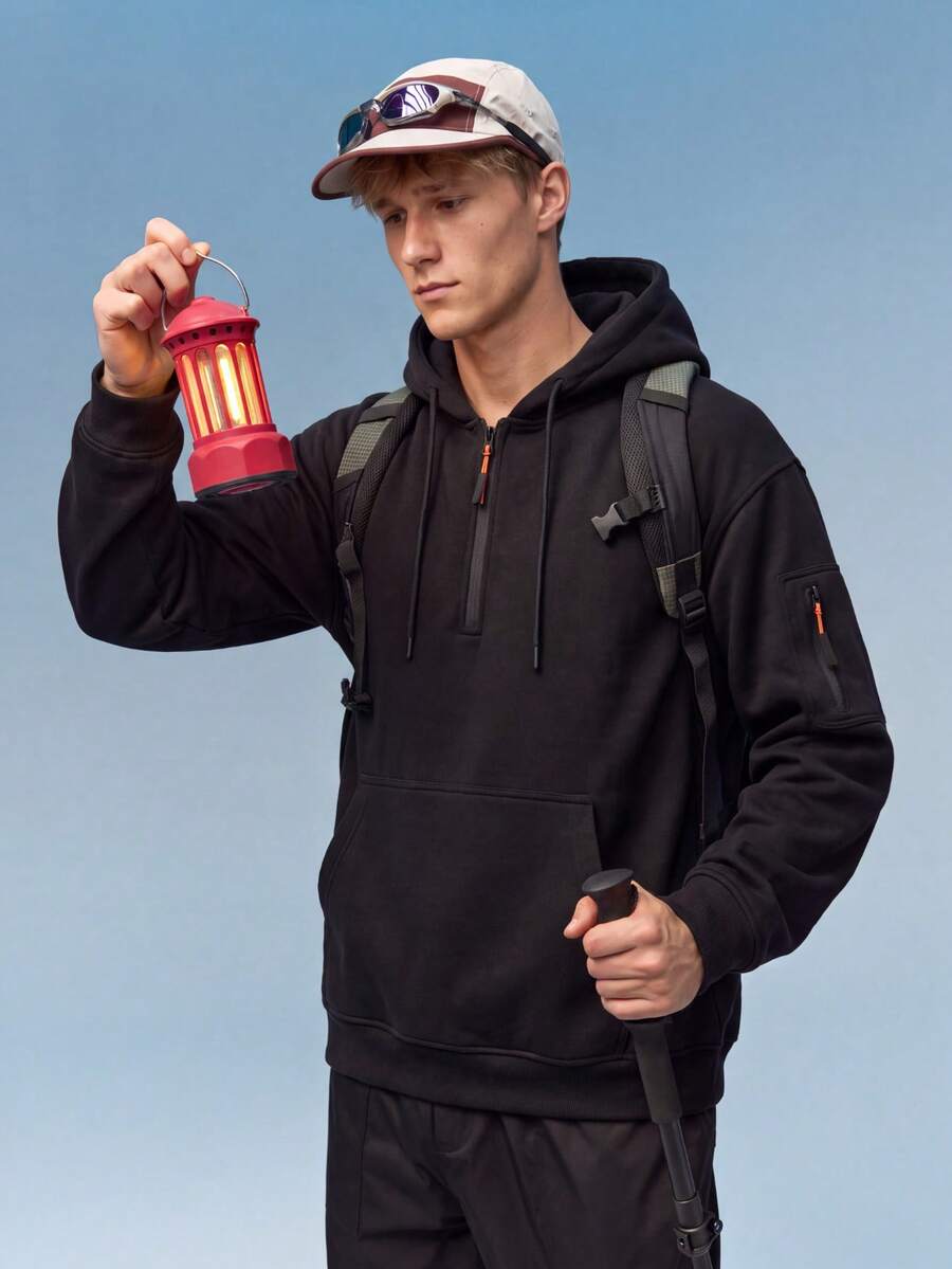 Caldwick Men's Casual Minimalist Fashion Half-Zip Sweatshirt, Suitable For Streetwear, Sports And Fitness - Black - View 1