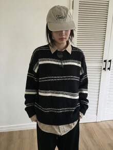OJOK Korean Style New Round Neck Contrast Color Striped Loose Casual Women's Sweater - Black - View 5