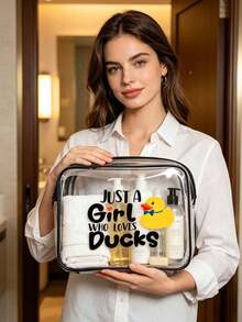 Cute Duck Pattern Waterproof PVC Makeup Bag, Printed With "Just A Girl Who Loves Ducks" Design, Yellow And White Duck Pattern, Lightweight And Sun-Resistant, Suitable For Women And Men, Summer Essential Toiletry Bag, Travel Toiletry Bag, Large Capacity Packing Bag, Suitable For Vacation And Travel, Perfect Gift For Duck Lovers - Multicolor - View 2