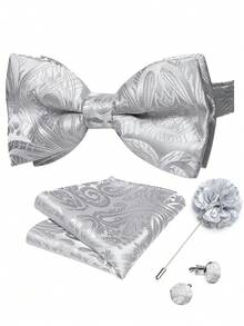 Silver Paisley Pattern Pre-Tied Bow Tie 4-Piece Set With Pocket Square, Cufflinks And Lapel Pin, Formal Event Outfit - Silver - View 1