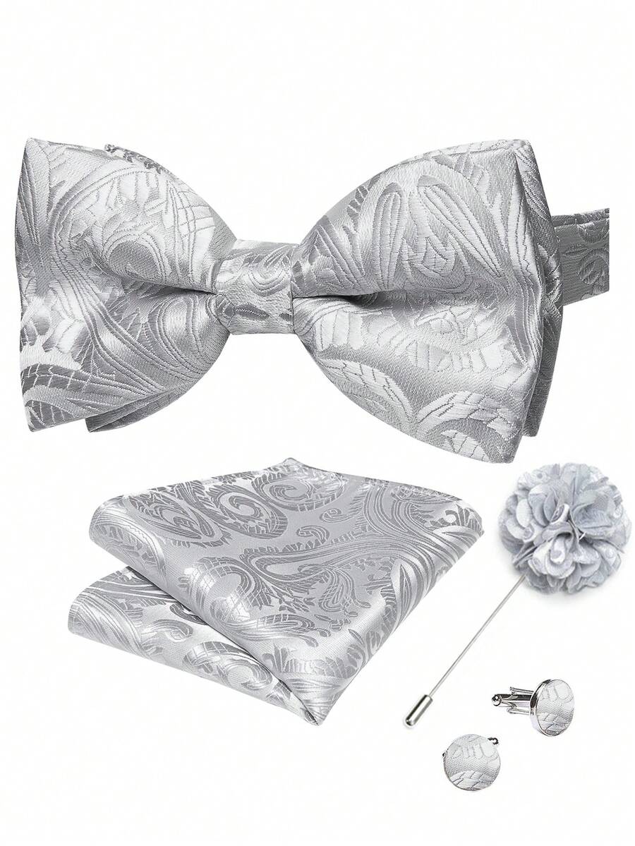 Silver Paisley Pattern Pre-Tied Bow Tie 4-Piece Set With Pocket Square, Cufflinks And Lapel Pin, Formal Event Outfit - Silver - View 1