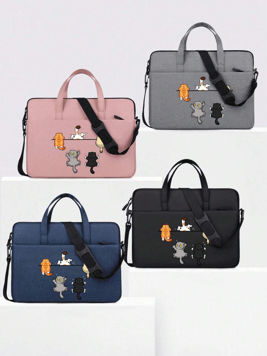 Laptop Bag, Compact Shoulder Bag With Accessory Compartments, Cat Print Design, Equipped With Detachable And Adjustable Shoulder Strap, Data Cable Storage, Fits In Travel Suitcase, Laptop Protective Bag, Briefcase, Document Storage Bag, Portable Commuter Bag, Suitable For Laptop And Tablet, Travel, Commute, Back To School, Halloween, Christmas Gift - Multicolor - View 1