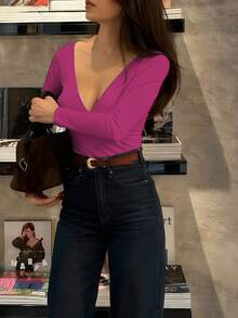 DONICY 女款純色深V領露背長袖T恤百搭上衣，適合春夏出遊、約會、聚會、疊穿、休閒商務場合、居家服、休閒穿搭，亦適用秋冬 - 粉色 - 查看 4