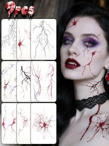 STARTTOOS 9PCS Halloween Creative Cool Mixed Neuron Blood Vessel Lightning Pattern Halloween Makeup Halloween Street Party Gift Waterproof Tattoo Stickers For Face, Shoulder, Neck, Collarbone - Multicolor - View 1