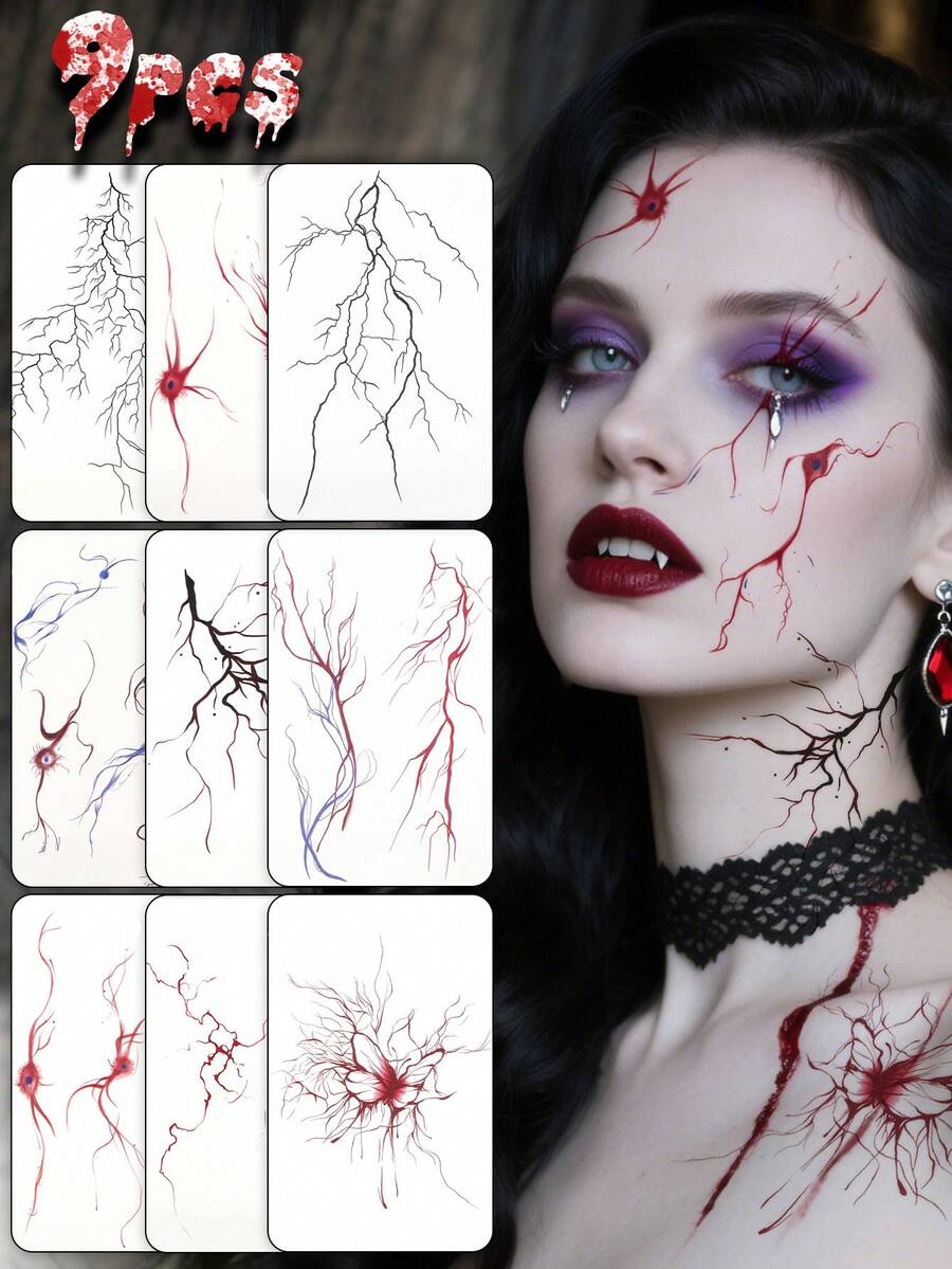 STARTTOOS 9PCS Halloween Creative Cool Mixed Neuron Blood Vessel Lightning Pattern Halloween Makeup Halloween Street Party Gift Waterproof Tattoo Stickers For Face, Shoulder, Neck, Collarbone - Multicolor - View 1