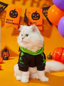 LUCKIE PAL 1pc Halloween Cartoon Pet Hooded Sweatshirt Space Skeleton Rib Planet Rocket Cat Print Spring Autumn Thin Breathable Dog Clothes Suitable For Small And Large Dogs And Cats Indoor And Outdoor - Black - View 4
