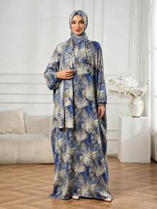 Abaya Panjang Motif Tinta Marmer Biru, Gaun Islami Panjang Longgar Lengan Panjang dengan Hijab Berkerudung yang Serasi, Cocok untuk Ramadan dan Idul Fitri, Busana Sholat Ramadan yang Konservatif - Royal Blue - View 4