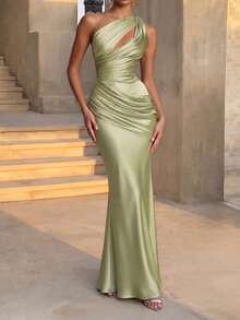 Robe élégante et sexy à une épaule avec découpes, robe d'été plissée longue et dos nu à la mode, robe de soirée vert foncé pour femmes - Vert - Voir 2