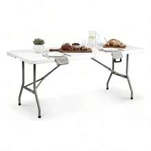 Mesa Plegable Portátil de Plástico de 1.80 m Tipo Portafolio, Mesa Rectangular con Asa para Interior y Exterior, Color Blanco - Negro - Ver 1