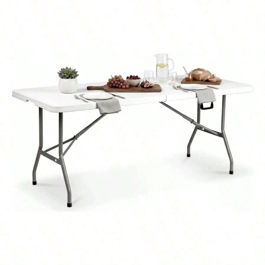 Mesa Plegable Portátil de Plástico de 1.80 m Tipo Portafolio, Mesa Rectangular con Asa para Interior y Exterior, Color Blanco - Negro - Ver 1