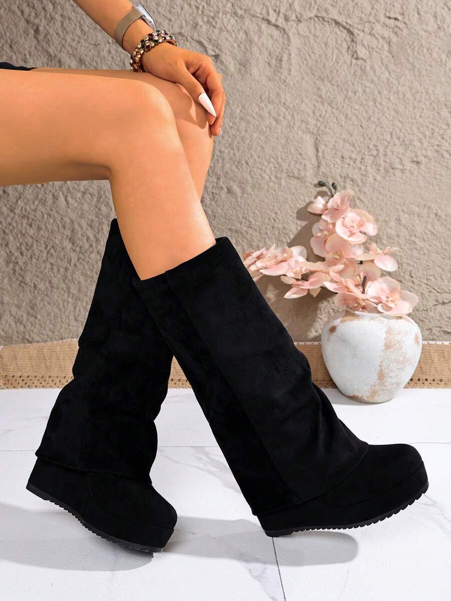 Women's Black Suede Tall Boots, Slip-On Straight Leg Wedge Heel Thick Sole Fashion Boots - Black - View 1