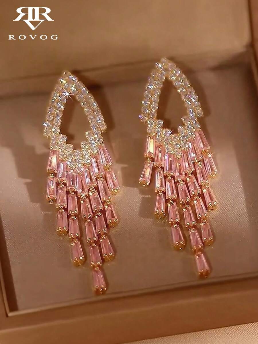 1 Pair Gorgeous Personalized Pink Glass Tassel Earrings Suitable For Women's Wedding Party Banquet Wear - Golden Yellow + Pink - View 1