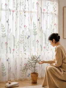 2PCS Botanical Leaf Floral Print High Density Mesh Curtains, Light Filtering Rod Pocket Window Curtains - Multicolor - View 1