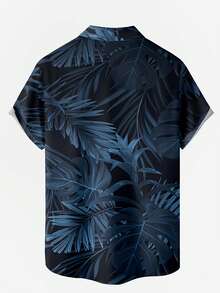Men's Royal Blue Tropical Leaf Print Short Sleeve Shirt, Casual Button-Up Vacation Shirt - Royal Blue - View 3